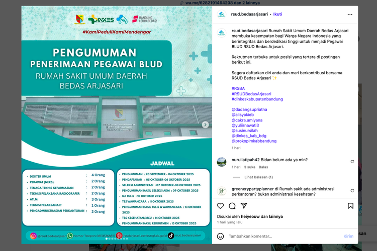 Lowongan Kerja RSUD Bedas Arjasari 2025 Dibuka, Cek Daftar Formasi, Syarat, dan Jadwal Seleksi