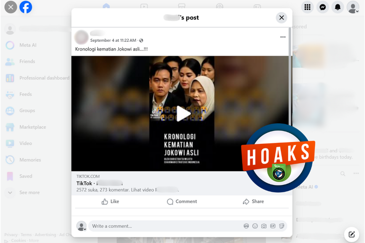 Tangkapan layar konten hoaks di sebuah akun Facebook, yang mengeklaim Jokowi telah meninggal dunia pada akhir Juni 2024.